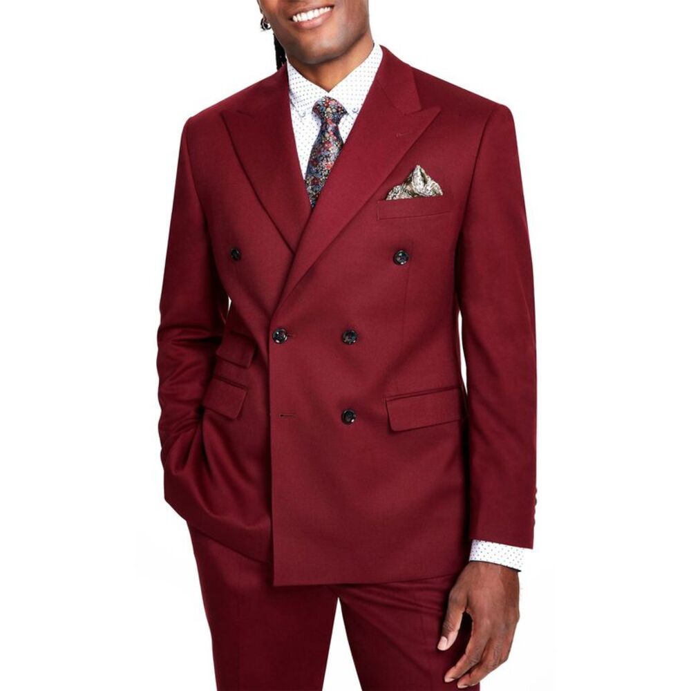 Tayion Collection Mens Classic-Fit Double-Breasted Suit Jacket 46R Burgundy NWT